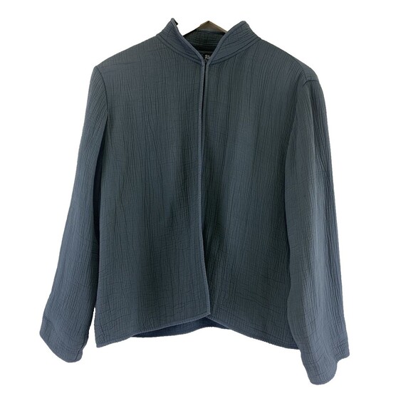 Eileen Fisher Textured Jacket Rayon Silk Blue Gray High Collar Womens Medium - Picture 1 of 12